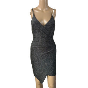 Windsor Dress Womens Small Gray Bodycon Metallic Ruched Asymmetrical V Neck
